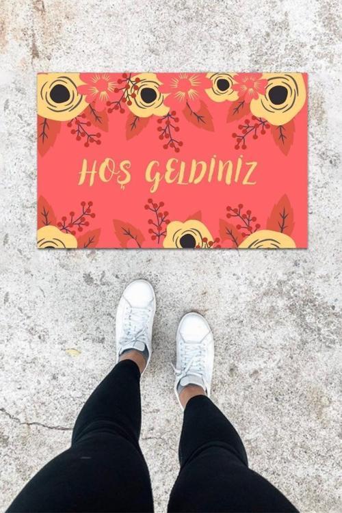 Büro Ev Ofis Kapı Önü için Baskı Gül Kurusu Çiçek Motifli Paspas