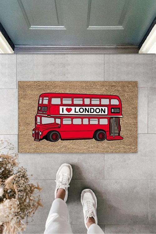 Büro Ev Ofis Dekoru için Dijital Dış Mekan Kapı Önü Paspası I Love London Otobüsü Kırmızı Stil