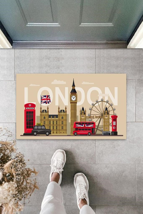 Büro Ev Ofis Dekoru için Dijital Baskı Bej London Temalı Kapı Önü Paspas
