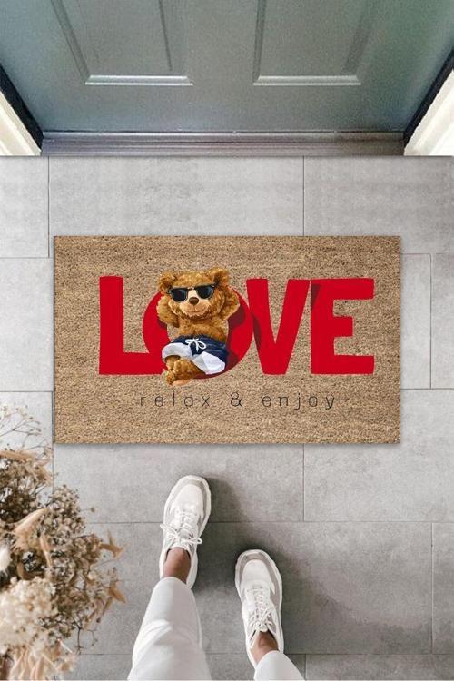 Büro Ev Ofis Dekoru için Dijital Dış Mekan Kapı Önü Paspası Love Ayıcık Bej Stil