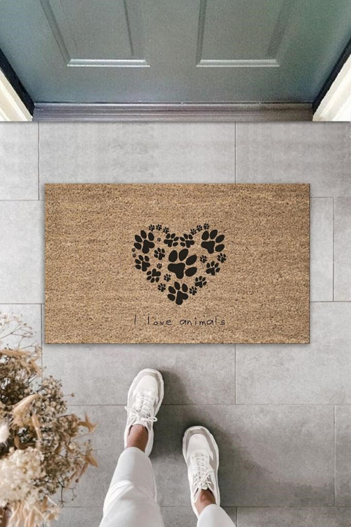 Büro Ev Ofis Kapı Önü için Baskı Kahve Patili Kalp I Love Animals Dekor Paspas