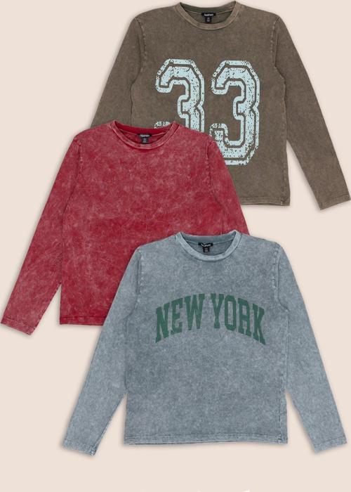 3'lü Baskılı Bordo Gri Kahverengi Yıkamalı Uzun Kol Tshirt