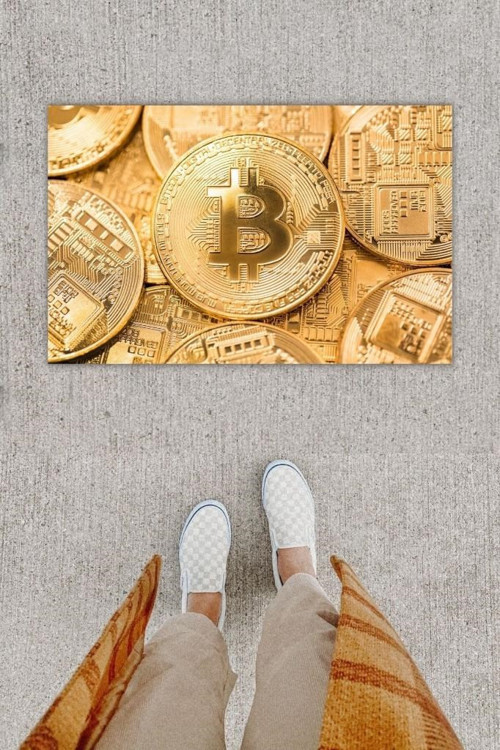 Büro Ev Ofis Dekoru için Dijital Baskı Golden Bitcoin Kapı Önü Paspas
