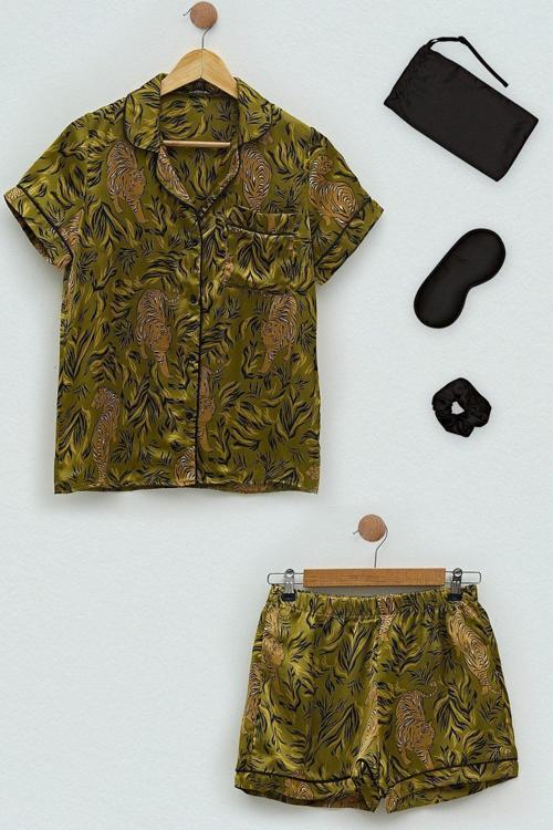 5'li Saten Kaplan Desen Yeşil Pijama Şort Takım