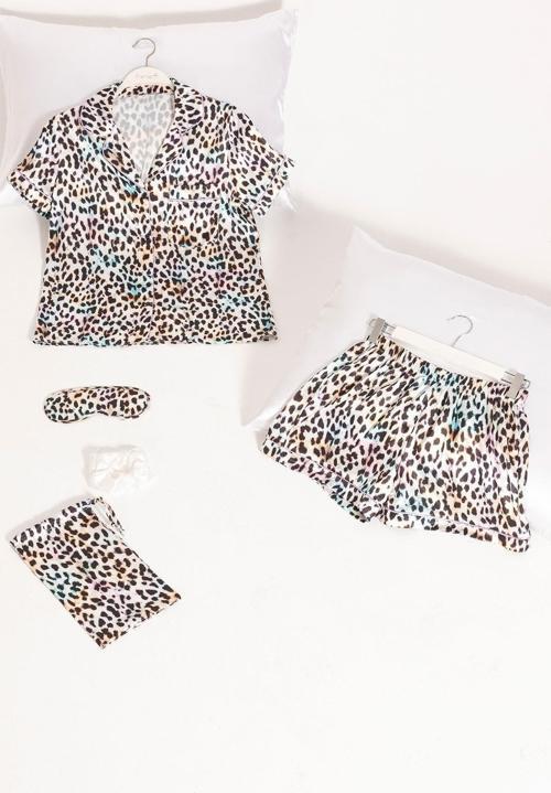 5'li Leopar Desenli Saten Pijama Şort Takım