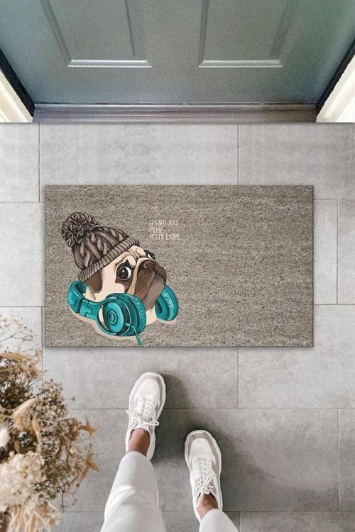 Büro Ev Ofis Kapı Önü için Baskı Gri Bereli Kulaklıklı Köpek Dekoratif Kapı Paspası