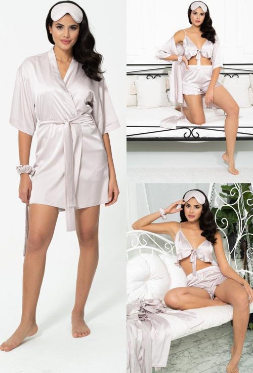 6'lı Sabahlıklı Taş Saten Pijama Şort Takımı