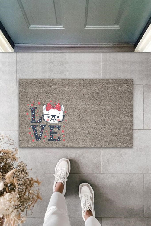 Büro Ev Ofis Kapı Önü için Baskı Gri Puantiyeli Love Gözlüklü Beyaz Kedi Paspas