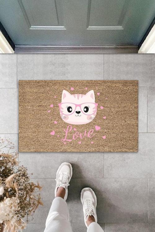 Büro Ev Ofis Kapı Önü için Baskı Kahve Love Pembe Gözlüklü Kedi Dekor Paspas