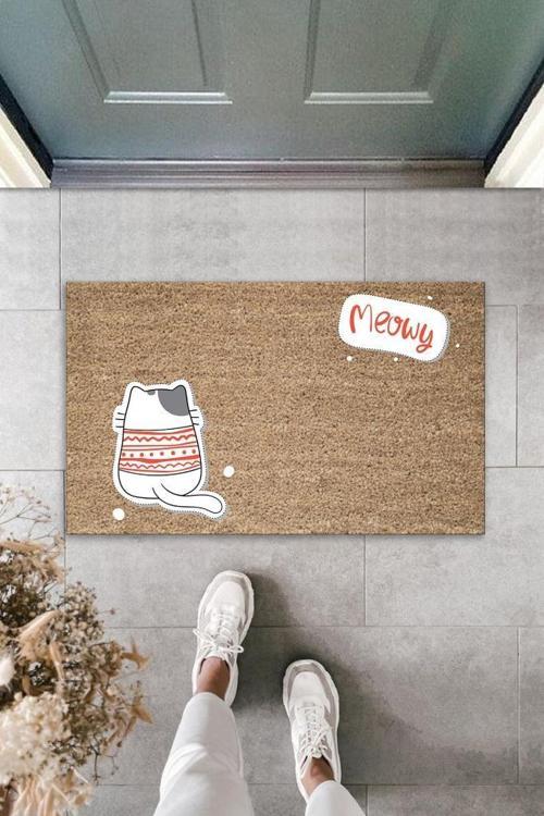 Büro Ev Ofis Kapı Önü için Baskı Kahve Meowy Arkasını Dönmüş Kazaklı Kedi Dekor Paspas