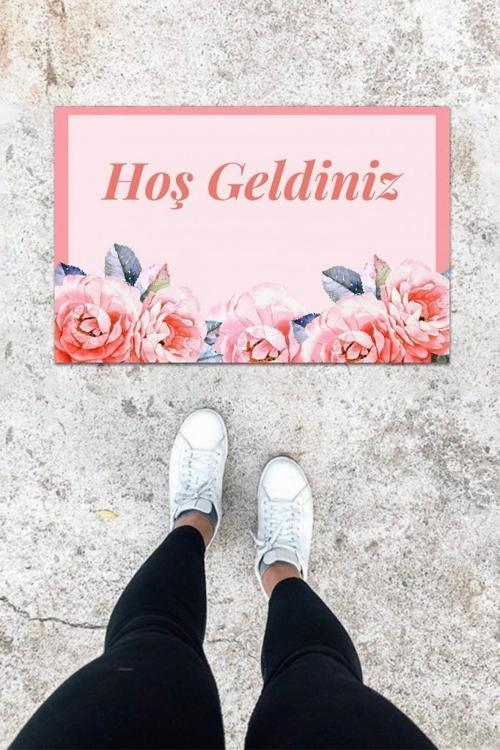 Büro Ev Ofis Kapı Önü için Baskı Pembe Gül Dekor Paspas