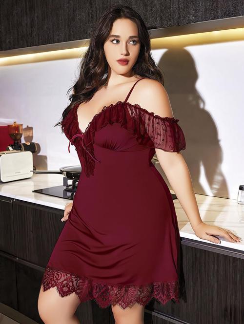 Aria's Closet Büyük Beden Bordo Dantel İşlemeli İnce Askılı Gecelik