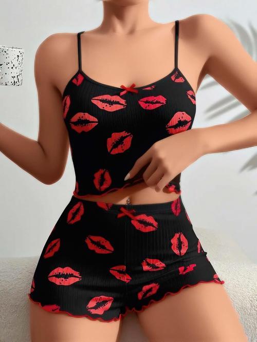 Aria's Closet Pamuklu Kiss Öpücük Desen Siyah Fitilli Şortlu Pijama Takımı