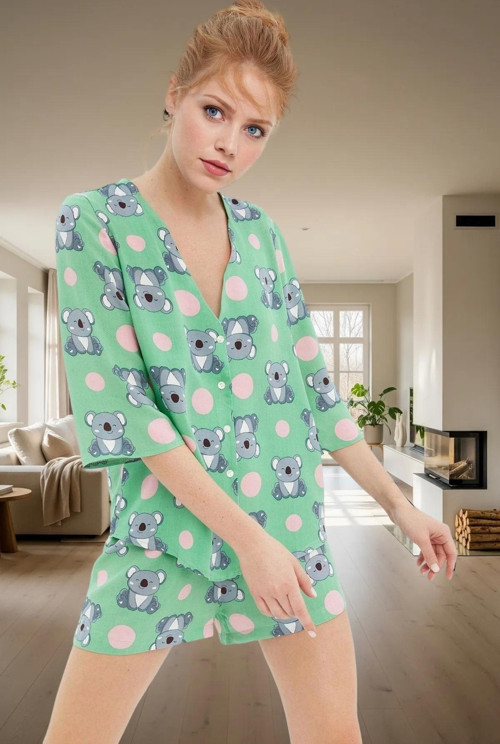 Kadın Koala Desenli Viskoz Pijama Takımı Şortlu Düğmeli Rahat Yazlık Kaliteli İşçilik Kullanım