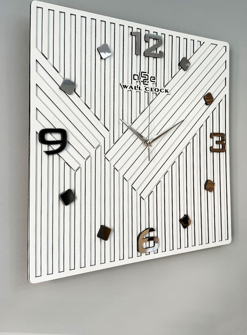 Square Long Pattern Aynalı Kare Çizgili 50X50 Sessiz Mekanizma Duvar Saati