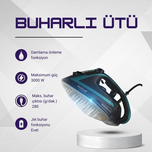 Buharlı Ütü Otomatik Kapama Entegre Kireç Çözücü Durilium Airglide Autoclean Taban 3000W Güç