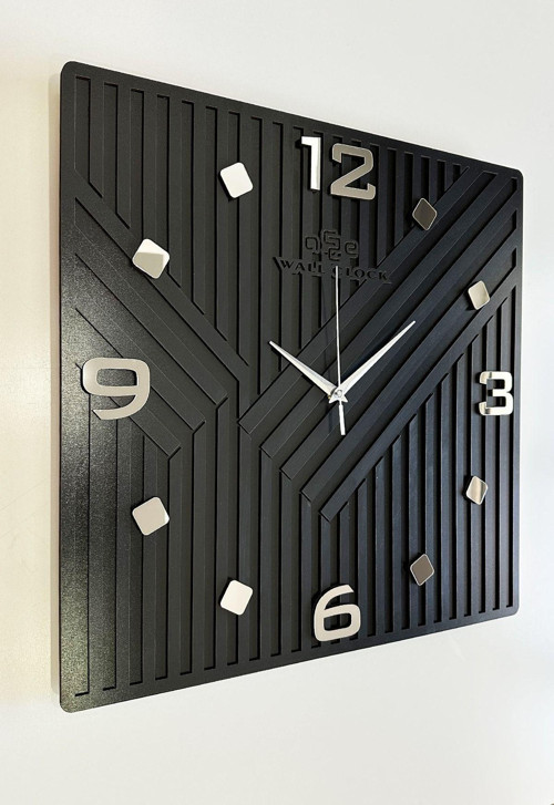 Square Long Pattern Aynalı Kare Çizgili 50X50 Sessiz Mekanizma Duvar Saati