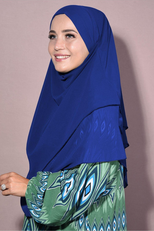 Tesettür Orta Boy Hazır Şifon Sufle Khimar Şal Saks Mavisi