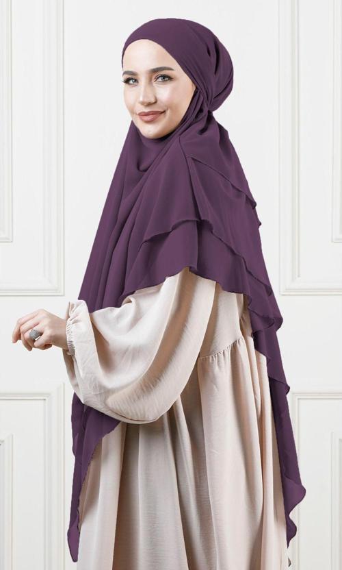 Tesettür Sufle Khimar Peçeli Hazır Şal Mürdüm