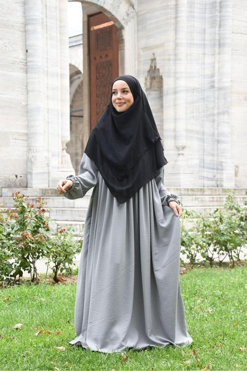 Pileli Fermuarlı Aerobin Kumaş Tesettür Ferace/Elbise - Gri