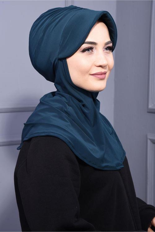 Tesettür Spor Şapka Scarf Havuz Ve Denizde Kullanıma Uygun Petrol Mavisi