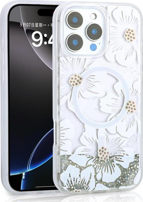 iPhone 16 Pro Max Kılıf Sıvılı Simli Baskılı Şeffaf Arka Yüzey Mossa Silikon Kılıf