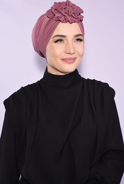 Güllü Büzgülü Çift Taraflı Bone Gül Kurusu - Gül Kurusu