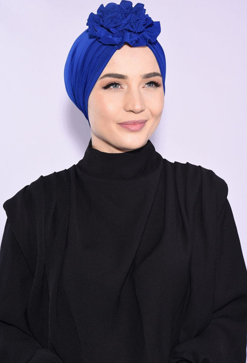Çift Taraflı Güllü Büzgülü Bone Saks Mavisi - Saks