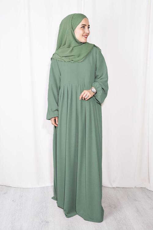 Tesettür Ferace/Elbise Pileli Fermuarlı Aerobin Kumaş Soft Yeşil