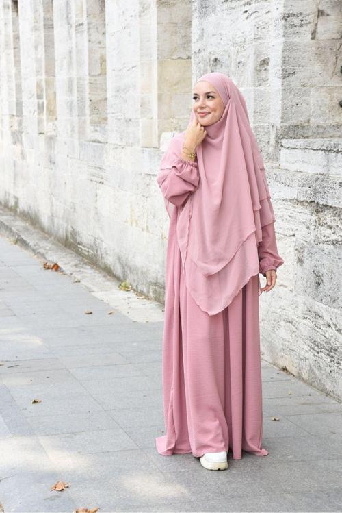 Pileli Fermuarlı Aerobin Kumaş Tesettür Ferace/Elbise - Gül Kurusu