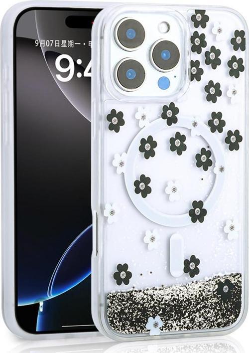 iPhone 16 Pro Max Kılıf Sıvılı Simli Baskılı Şeffaf Arka Yüzey Mossa Silikon Kılıf