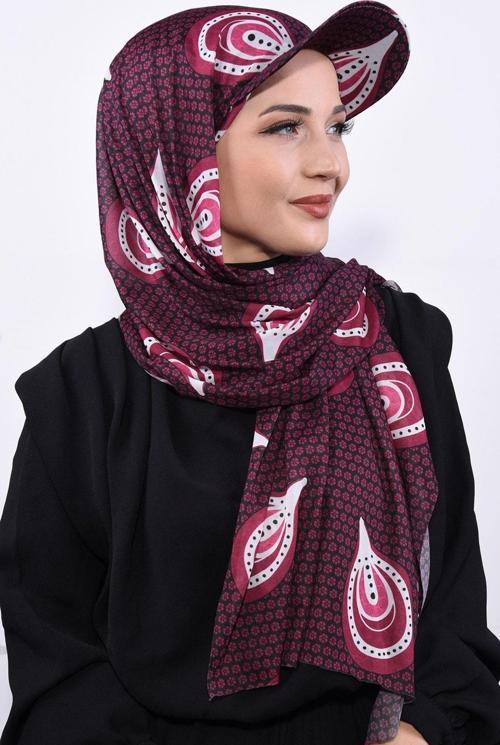 Şapkalı Desenli Şal Vişne
