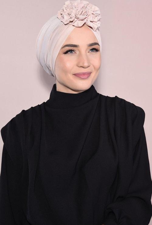 Güllü Büzgülü Çift Taraflı Tesettür Bone Bej