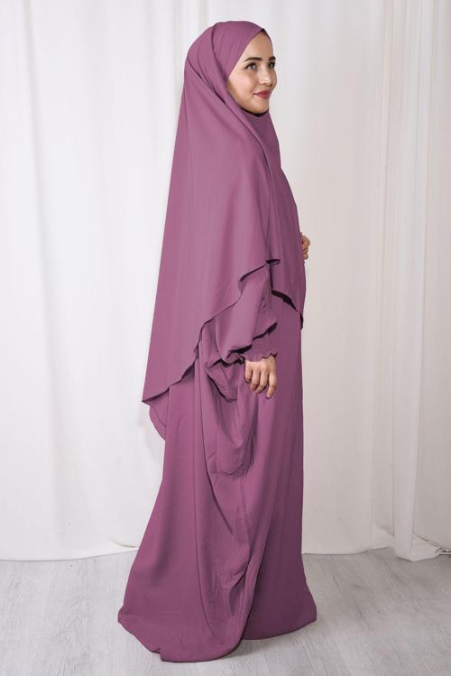 Tesettür Medine İpeği Elbise Sufle İkili Takım Rose