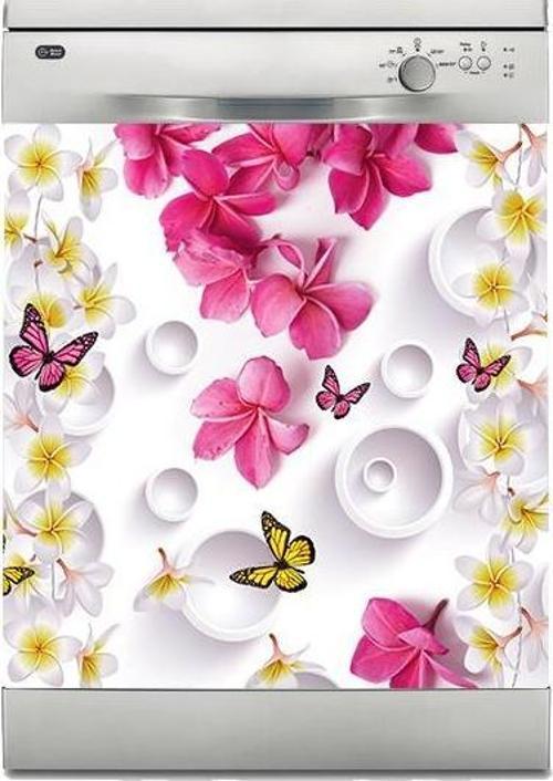 Bulaşık Makinesi Sticker Kaplama Beyaz Eşya Kaplama Pembe Çiçek Kelebek