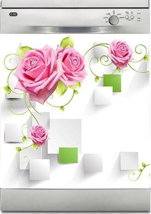 Bulaşık Makinesi Sticker Kaplama Beyaz Eşya Kaplama Pembe Gül Yeşil
