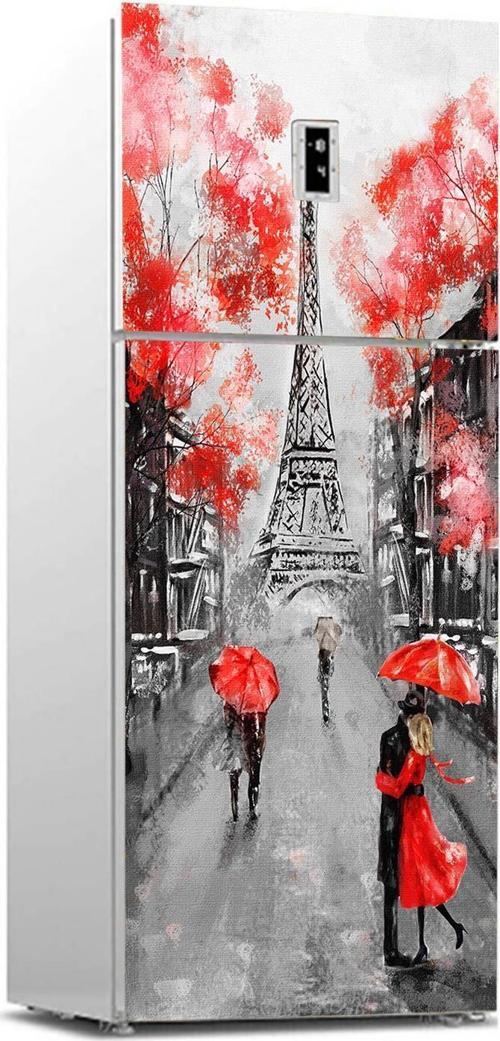 Buzdolabı Sticker Kaplama Dolap Kaplama Etiketi Eyfel Kırmızı Yağlıboya