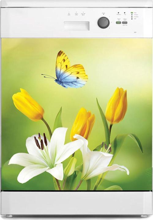 Bulaşık Makinesi Sticker Kaplama Beyaz Eşya Kaplama Sarı Lale Kelebek