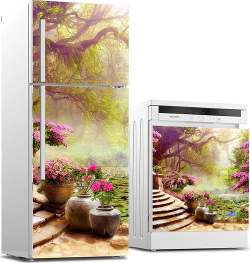 Buzdolabı ve Bulaşık Makinası Beyaz Eşya Sticker Kaplama 3D Bahçe