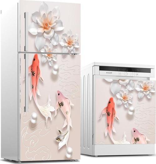 Buzdolabı ve Bulaşık Makinası Beyaz Eşya Sticker Kaplama 3d Balık Çiçek Zemin