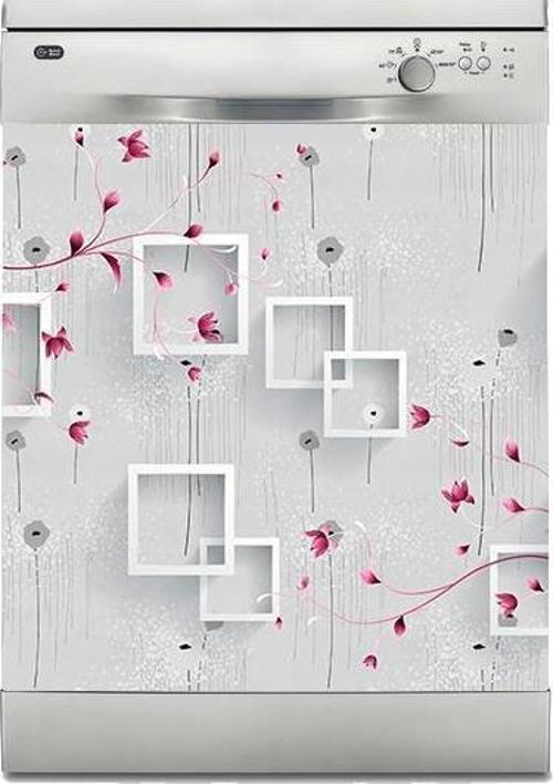 Bulaşık Makinesi Sticker Kaplama Beyaz Eşya Kaplama Beyaz Kare Pembe Çiçek
