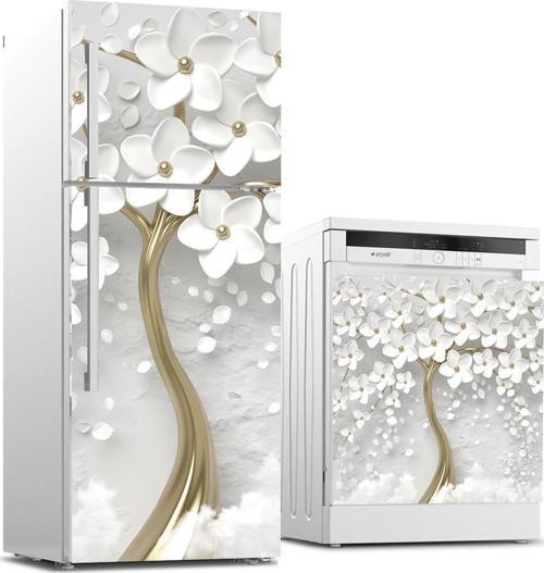 Buzdolabı ve Bulaşık Makinası Beyaz Eşya Sticker Kaplama 3d Beyaz Ağaç 3