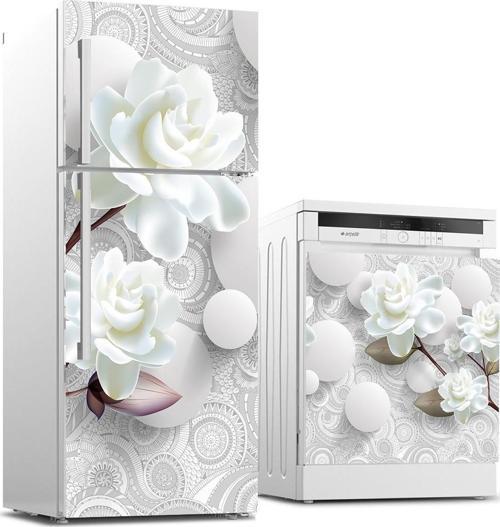 Buzdolabı ve Bulaşık Makinası Beyaz Eşya Sticker Kaplama 3D Beyaz Gül