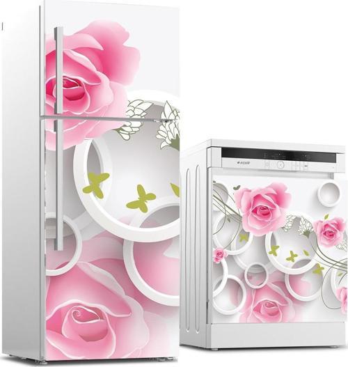 Buzdolabı ve Bulaşık Makinası Beyaz Eşya Sticker Kaplama 3D Beyaz Halka Gül