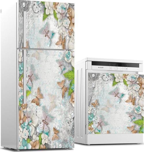 Buzdolabı ve Bulaşık Makinası Beyaz Eşya Sticker Kaplama 3d Çiçek Kelebek