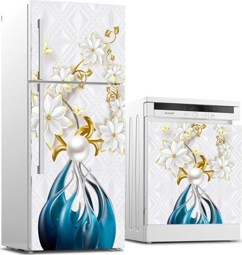 Buzdolabı ve Bulaşık Makinası Beyaz Eşya Sticker Kaplama 3d Çiçek ve Kelebek