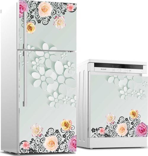 Buzdolabı ve Bulaşık Makinası Beyaz Eşya Sticker Kaplama 3D Flowers