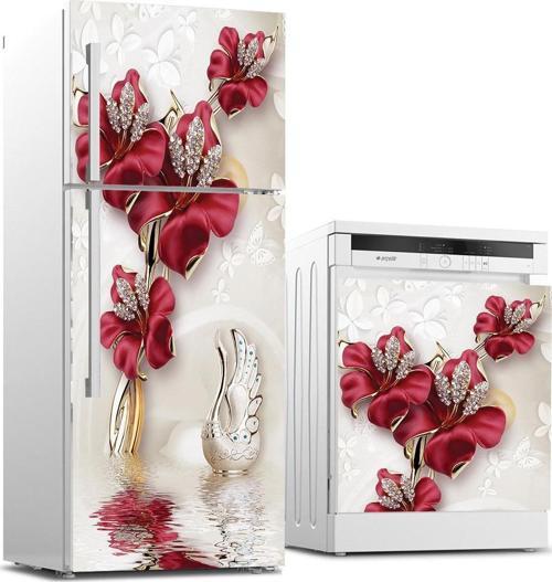 Buzdolabı ve Bulaşık Makinası Beyaz Eşya Sticker Kaplama 3d Kırmızı Gül