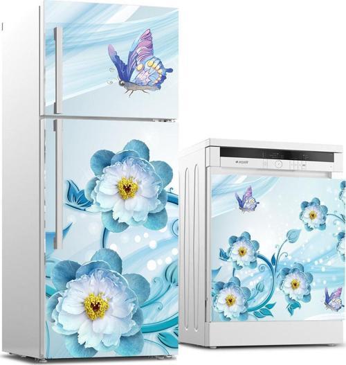 Buzdolabı ve Bulaşık Makinası Beyaz Eşya Sticker Kaplama 3D Mavi Çiçek Kelebek