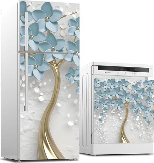 Buzdolabı ve Bulaşık Makinası Beyaz Eşya Sticker Kaplama 3d Mavi Yaprak